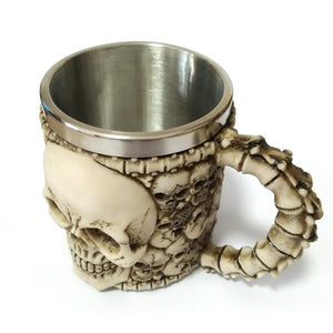 Metal Skull Face Tankard with Spine Handle Drinking Mug Stainless Steel - Heavy Metal Jewelry Clothing 