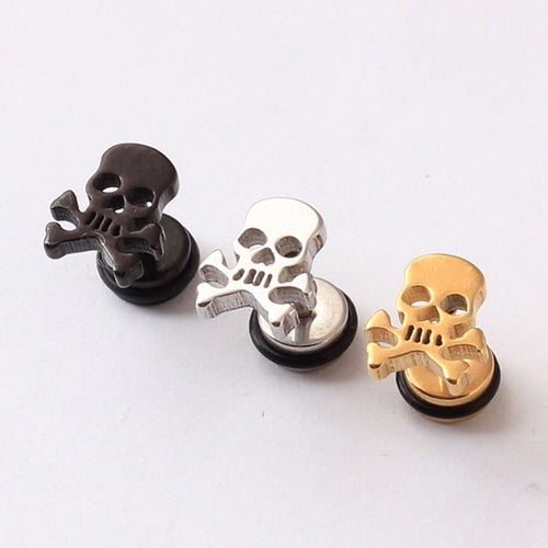 Metal Skull Face Earrings Dumbbell Titanium - Heavy Metal Jewelry Clothing 