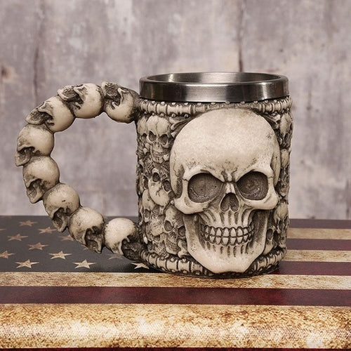 Big Face Skull Mug with Conjoined Skulls Handle - Heavy Metal Jewelry Clothing 