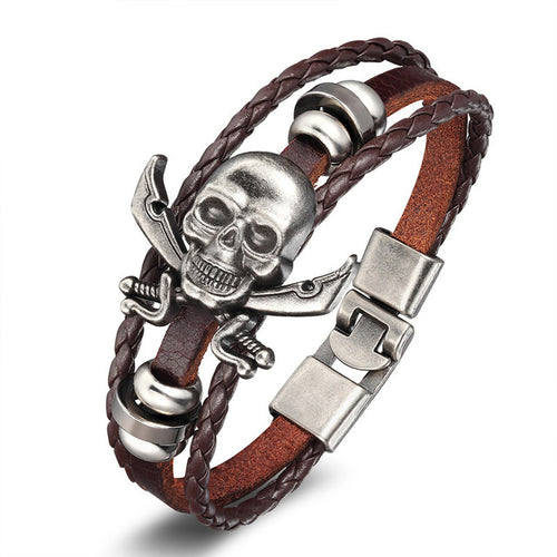 Metal Skull and Cross Swords Pirate Bracelet - Heavy Metal Jewelry Clothing 