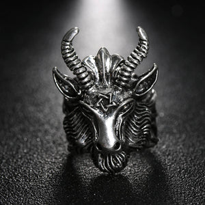 Metal Pentagram Goat with Horns Ring Stainless Steel - Heavy Metal Jewelry Clothing 