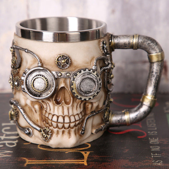 Metal Steampunk Skull Tankard Drinking Mug with Cogs Stainless Steel - Heavy Metal Jewelry Clothing 