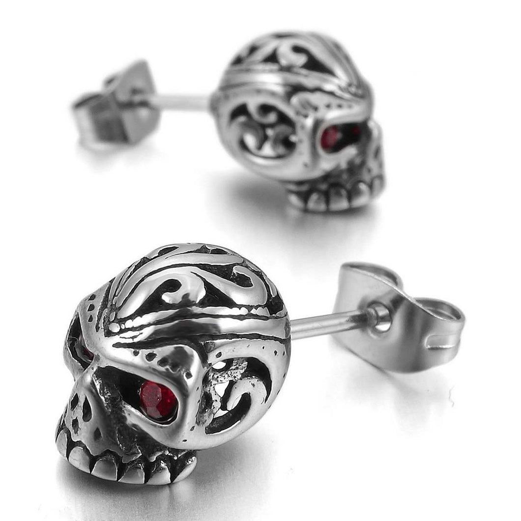 Metal Red Eyes Skull Cubic Zirconia Crystal Earrings - Heavy Metal Jewelry Clothing 