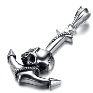Pirate Metal Skull and Anchor Pendant Necklace Stainless Steel - Heavy Metal Jewelry Clothing 