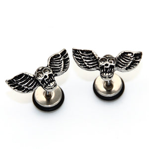 Metal Skull Bat Wings Studs Earrings Stainless Steel - Heavy Metal Jewelry Clothing 