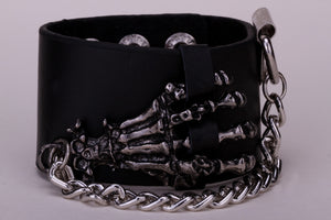Metal Skeleton Hand Grasp with Chain Leather Bracelet - Heavy Metal Jewelry Clothing 