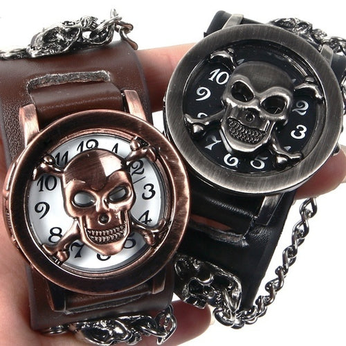 New 2022 Skull Watch with Cover and Chain - Heavy Metal Steampunk Leather Goth Watch - Heavy Metal Jewelry Clothing 