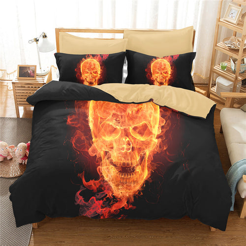 Stunning HD Flaming Skulls Bedding Set 1 Piece Quilt + 2 Pieces Pillowcase - Heavy Metal Jewelry Clothing 